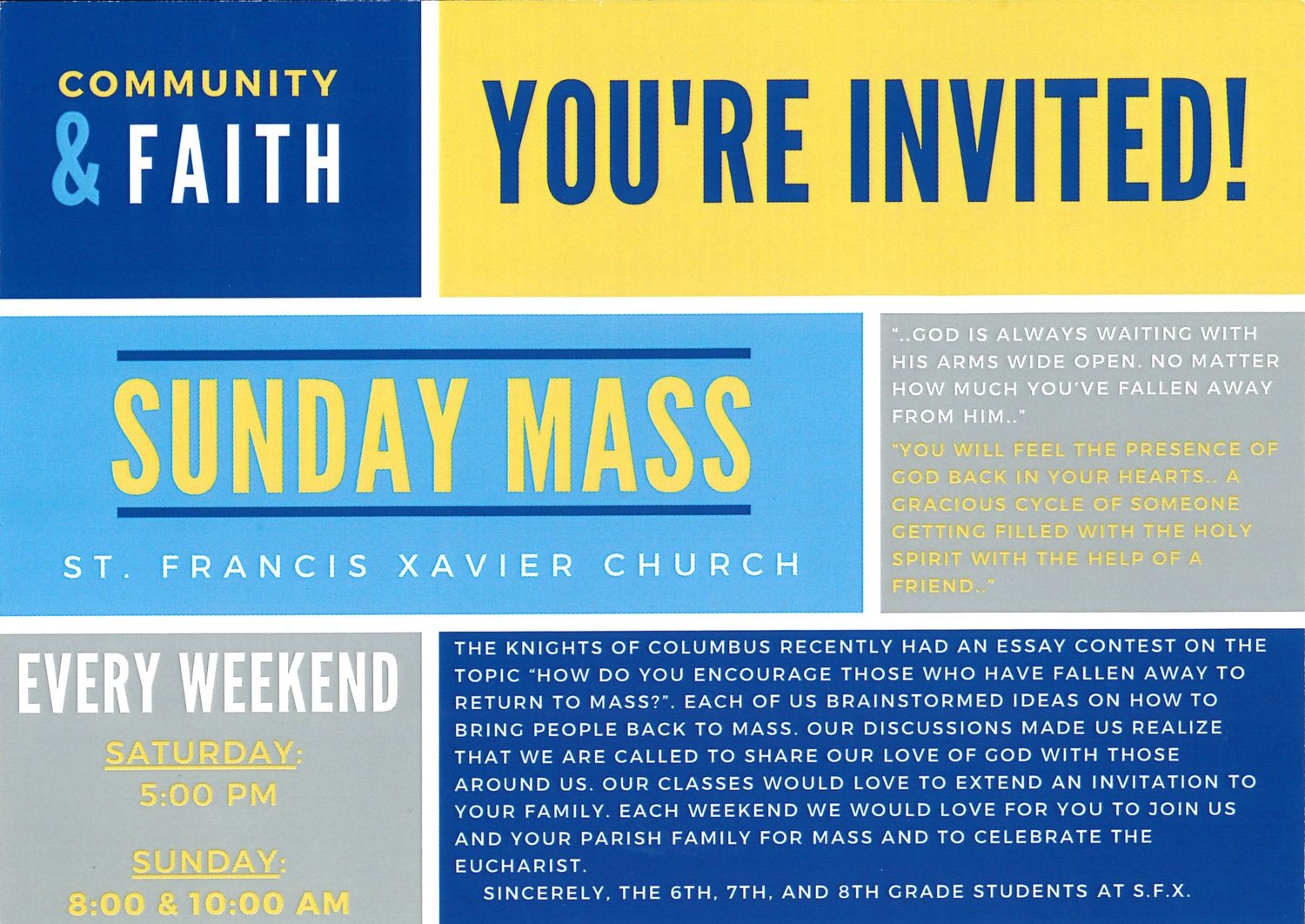 This is the front of the invitation the middle-schoolers at St. Francis Xavier School in Taos mailed to fellow parishioners to remind them of the importance of getting to Mass.